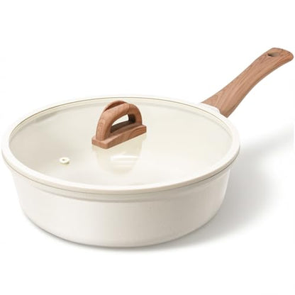 USELUCK Ceramic Nonstick Frying Pan with Lid, 4.0 QT Sauté Pan Large Capacity Skillet, Non Stick Deep Frying Pan Induction Compatible White Granite Coating PFOA/PFAS Free Non-toxic Healthy