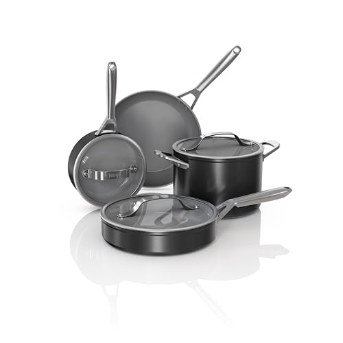 Ninja Ceramic Pro 7-Piece Cookware Set, Non-Stick Pots & Pans Set with Glass Lids, Nontoxic, PTFE Free, Ceramic Coated, Oven Safe, All Stovetops & Induction Compatible, Black, CW39007BK