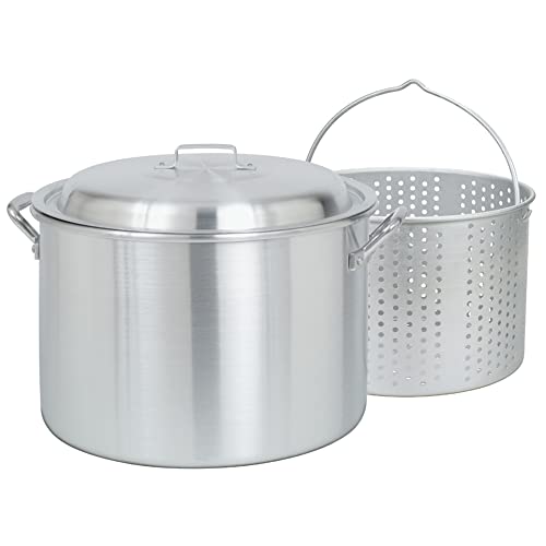 Bayou Classic 4020-20-Qt Aluminum Stockpot with Basket - Domed Lid, Riveted Handles, Perforated Basket