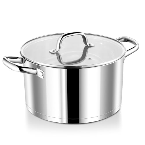 P&P CHEF 8 Quarts Cooking Stock Pot with Lid, Stainless Steel Stockpot Induction Pot for Soup, Tri-Ply Bottom & Clear Glass Lid & Double Handle, Dishwasher Safe