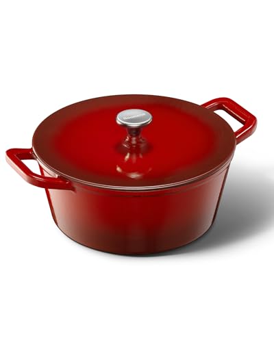 Dutch Oven Pot with Lid, 6QT Cast Iron Dutch Oven, Heavy Duty & Dual Handle, Dutch Oven for Bread Baking, Specialty Bread & Loaf Forms, Braising & Roasting, Sourdough Bread Baking, Oven Safe up to 500℉, Cast Iron Pot Compatible with All Cooktops, Cerise