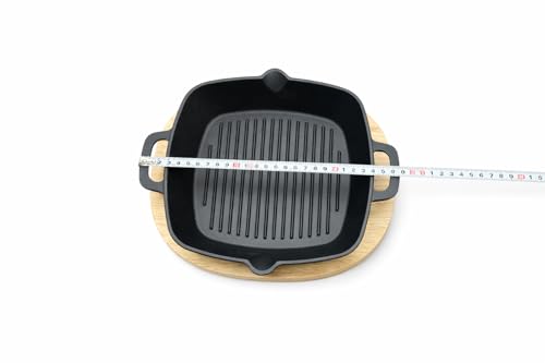 KitchenLife Co 8.5" Personal Sized Pre-Seasoned Cast Iron Grill Pan with Heat-Resistant Oak Wood Base, Square Stovetop Pan with Dual Handles & Pour Spouts, Oven & BBQ Ready, Lasts Decades