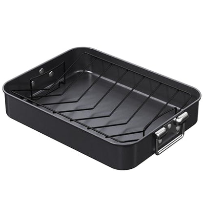 CHEFMADE Roasting Pan, 16-Inch Non-Stick Turkey Roaster Lasagna Pan with Rack - Rectangular Deep Dish Chicken Roaster Pan 16.3" x 12.52" x 3.11"(Black)