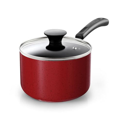 Cook N Home Basic Nonstick Saucepan with Glass Lid, Non Stick Aluminum Sauce Pan, Small Multi-purpose Kitchen Pot, Milk Chocolate Cooking Pot Pan with Stay-Cool Handle, 1-Quart, Marble Red