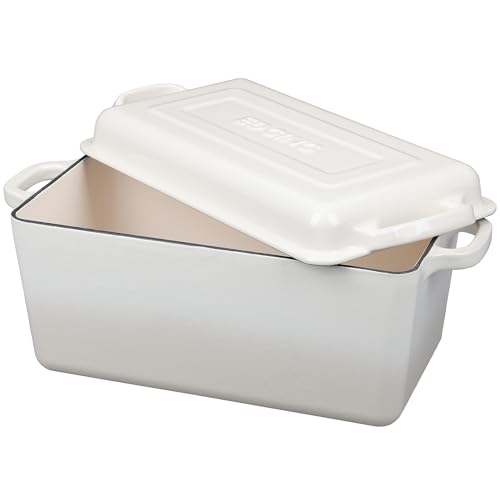 EDGING CASTING Enameled Cast Iron Dutch Oven, Oblong Bread Oven for Sourdough Bread Baking, Baking Pan, Dual Handles, Oven Safe, 4 Quart, White