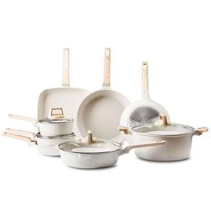 VEVOR 19 Piece Pots and Pans Set Nonstick, Granite Cookware Set, Induction Cookwares, Kitchen RV Cooking Sets with Frying, Sauce, Saute, Tempered Glass Lids, and Pan Protectors, White