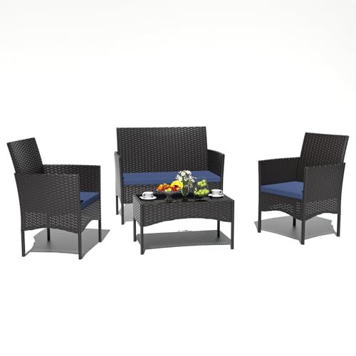 ASJMR 4 Piece Patio Rattan Conversation Set, Outdoor Rattan Chair Wicker Furniture Set, Couple Seats and Tempered Glass Table,Comfort Seat for Patio, Pool or Backyard, Navy