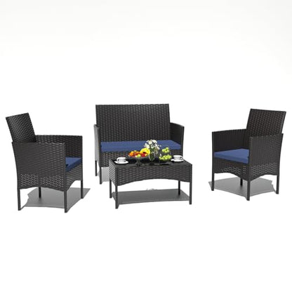 ASJMR 4 Piece Patio Rattan Conversation Set, Outdoor Rattan Chair Wicker Furniture Set, Couple Seats and Tempered Glass Table,Comfort Seat for Patio, Pool or Backyard, Navy