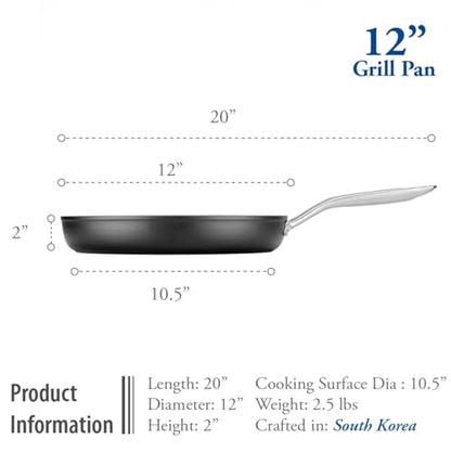 TECHEF - Onyx Collection, 12-inch Grill Pan For Stove Top, Nonstick Grill Pan For indoor cooking, PFOA-Free, Heavy-Duty Aluminum, Made In Korea (No Induction)