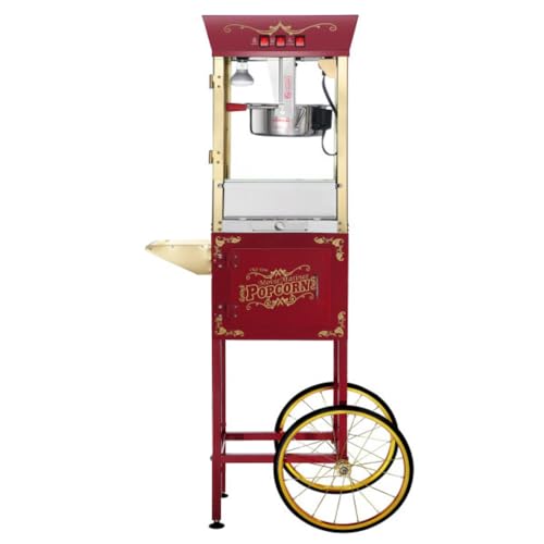 Matinee Popcorn Machine with Cart - 8oz Popper with Stainless-Steel Kettle, Warming Light, and Accessories by Great Northern Popcorn (Red)