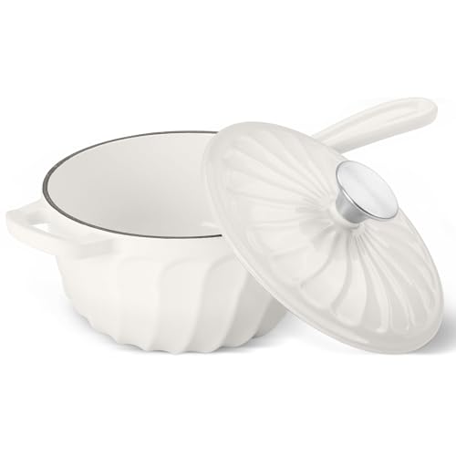 NSIRONS Enameled Cast Iron Sauce Pan, 2 Quart Saucepan with Lid, Small Cast Iron Pot Enamel Saucepan for Cooking Pasta Sauce, Gravy, Puddings, Marinate, Boiling (White)