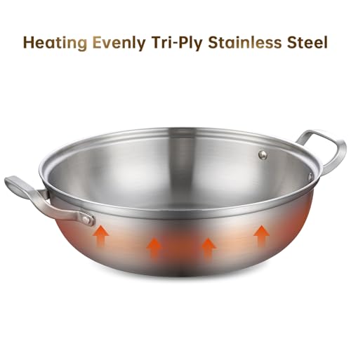 Yeksum Tri-Ply Stainless Steel Saute Pan,Deep Frying Pan with lid,Compatible with All Cooktops Up to 650℉, Everyday Pan,Hot Pot,Kadhai,Induction Cooking Pot,Dishwasher and Oven Safe. (7QT)