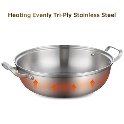 Yeksum Tri-Ply Stainless Steel Saute Pan,Deep Frying Pan with lid,Compatible with All Cooktops Up to 650℉, Everyday Pan,Hot Pot,Kadhai,Induction Cooking Pot,Dishwasher and Oven Safe. (7QT)