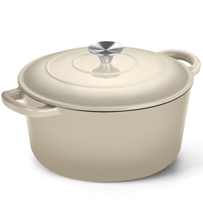 P&P CHEF 6QT Enameled Dutch Oven, Cast Iron Dutch Oven Pot with Lid for Bread Baking, Enameled Casserole Pot for Roasting Braising Stewing Frying Simmering, Various Stoves & Easy Clean, Khaki