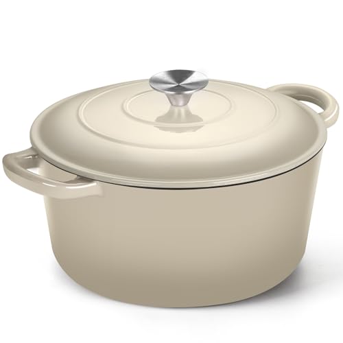 P&P CHEF 6QT Enameled Dutch Oven, Cast Iron Dutch Oven Pot with Lid for Bread Baking, Enameled Casserole Pot for Roasting Braising Stewing Frying Simmering, Various Stoves & Easy Clean, Khaki