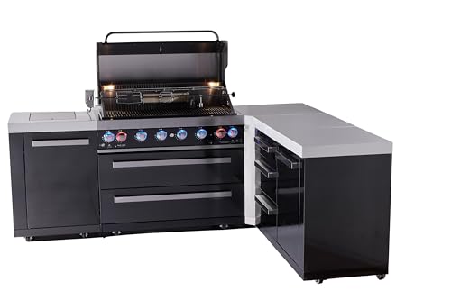 Mont Alpi 94"W x 75"D L-shaped Black Stainless Steel Modular Outdoor Kitchen Island with Infrared Side & Rear Burners + 44"W 6-Burner BBQ Gas Grill + Granite Countertops + Storage Cabinets & Drawers