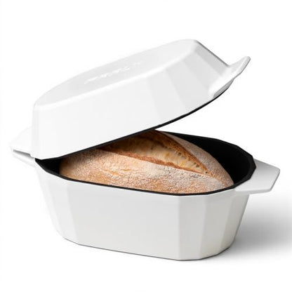 Enameled Cast Iron Sourdough Bread Oven – Dutch Oven for Sourdough, Oval Cast Iron Bread Pan with Lid，Loaf Cast Iron Dutch Oven for Baking (3.3QT-White）