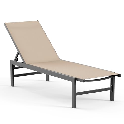 Vexwalx Outdoor Lounge Chair for Pool, Aluminum Chaise Lounge Chairs with 5-Position Recliner, Patio Lounge Chair for Backyard, Poolside, Deck, Lawn (Khaki)
