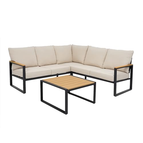 COMLAX FIELD Metal Patio Furniture Set, 6 Pieces Outdoor Sectional Sofa Set with Side Table, L Shape Patio Conversation Set with Faux-Wood Tabletop, Outdoor Couch for Balcony, Porch, Backyard,Beige