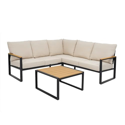 COMLAX FIELD Metal Patio Furniture Set, 6 Pieces Outdoor Sectional Sofa Set with Side Table, L Shape Patio Conversation Set with Faux-Wood Tabletop, Outdoor Couch for Balcony, Porch, Backyard,Beige