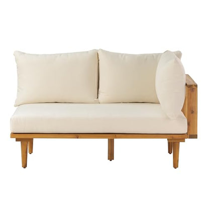 Merax 102" Outdoor Modular Sectional Sofa Set, 6 Seats L-Shaped Couch Wood Waterproof Fabric Patio Furniture Set with Coffee Table, Weather-Resistant Cushions for Backyard, Poolside, Natural+Beige