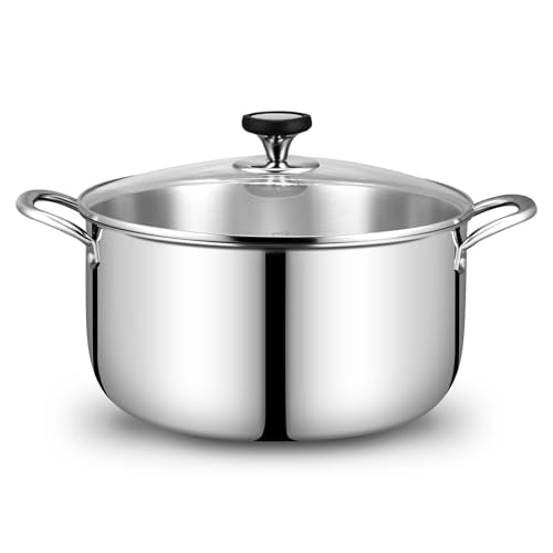 Tri-Ply Stainless Steel Stock Pot, 12 Quart Heavy Duty Induction Cooking Pot with Visible Lid for Pasta, Soup, Spaghetti, Sturdy & Double Handle, Dishwasher Safe