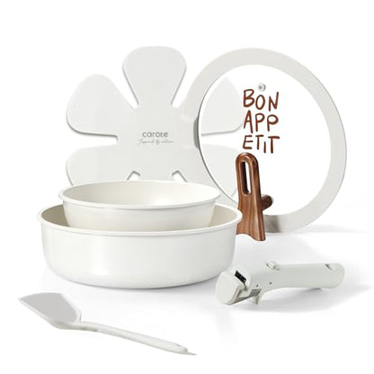 CAROTE Ceramic Pots and Pans Set Non Stick, Nonstick Kitchen Cookware Sets with Lid, Detachable Handle Sauté Pan Set, Non Toxic Frying Pan, Oven Safe, Induction Ready, Cream White
