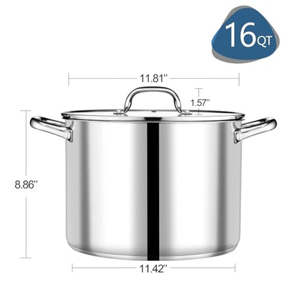 P&P CHEF 16 QT Stock Pot with Lid, Stainless Steel Large Cooking Pot, Soup Canning Stockpot for Stewing Simmering, Tri-ply Bottom for All Stoves, Heavy-Duty &Dishwasher Safe & Food-Grade