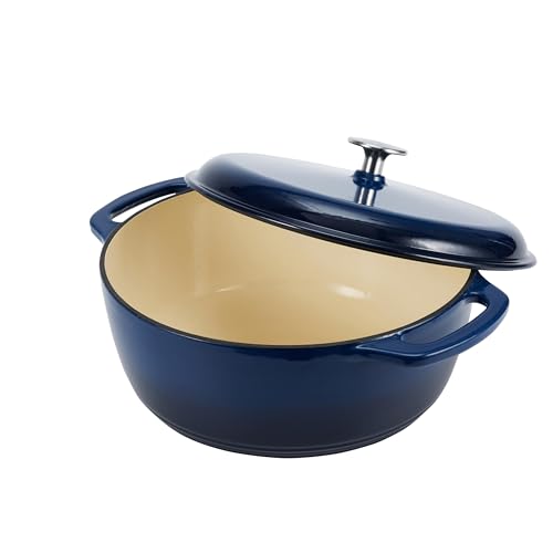 Amazon Basics Enameled Cast Iron Dutch Oven Pot with Lid, Round, Dual Handles, Heavy-Duty, Oven Safe for Baking, Roasting, Stews, 7.3-Quart, Navy