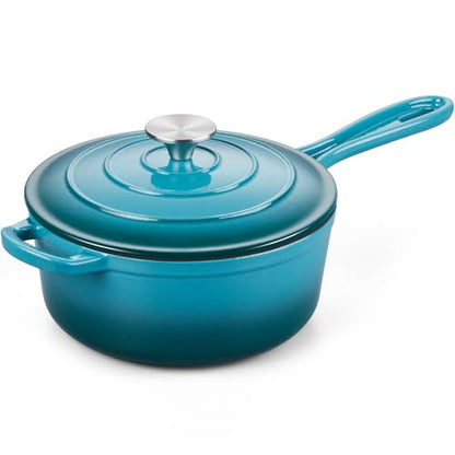 Onader 3QT Enameled Cast Iron Saucepan with Lid, Small Sauce Pan, Enamel Cast Iron Dutch Oven Cooking Pot, Nonstick & Heavy Duty – Dark Cyan