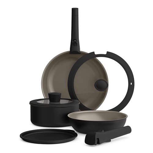 bella 8 Piece Removable Handle Cookware Set, Fits-anywhere™ Kitchenware w EverGood™ Ceramic Nonstick Coating, Dishwasher & Oven Safe, All Stovetops Compatible, Glass Lids with Silicone Rims, Black