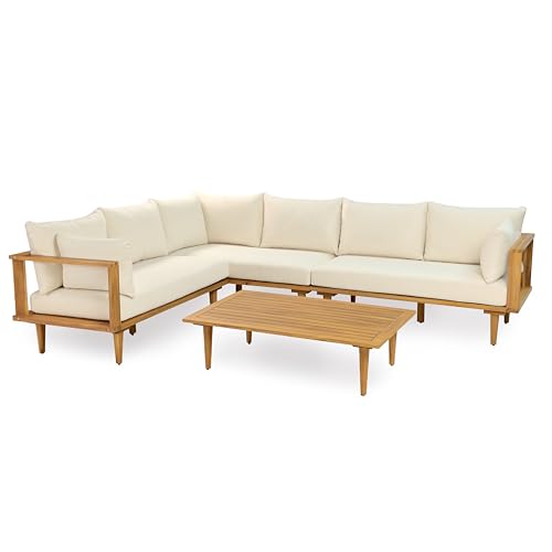 Merax 102" Outdoor Modular Sectional Sofa Set, 6 Seats L-Shaped Couch Wood Waterproof Fabric Patio Furniture Set with Coffee Table, Weather-Resistant Cushions for Backyard, Poolside, Natural+Beige