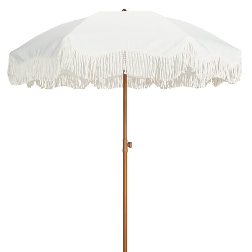 AMMSUN Boho Fringe Umbrella Outdoor Patio, 6.5ft UPF50+ Picnic Umbrella with Tassels with Steel Pole and Push Button Tilt, Antique White