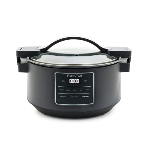 GreenPan 8QT Locking Lid Slow Cooker, Ceramic Nonstick PFAS-Free Removeable Bowl, Silicone & Glass Rim, Travel Friendly, Multi-Cooker, Stovetop Searing & Oven Safe 400°F Dishwasher Safe Parts,Graphite