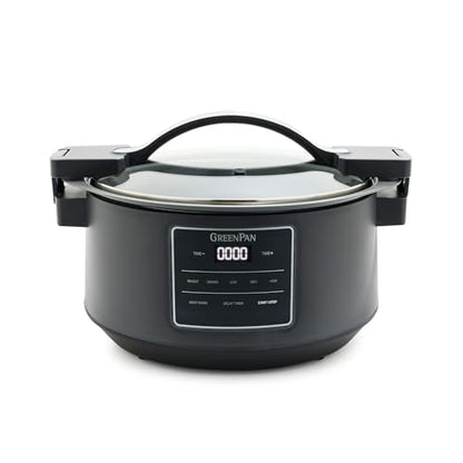 GreenPan 8QT Locking Lid Slow Cooker, Ceramic Nonstick PFAS-Free Removeable Bowl, Silicone & Glass Rim, Travel Friendly, Multi-Cooker, Stovetop Searing & Oven Safe 400°F Dishwasher Safe Parts,Graphite