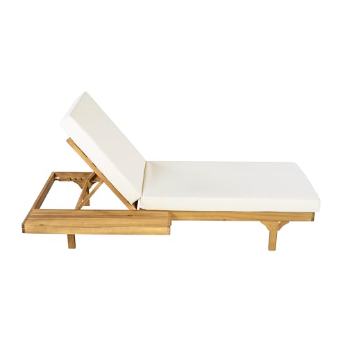 Christopher Knight Home Acacia Wood Chaise Lounge Chair Set of 2, Double/Single Outdoor Sunbathing Pool Lounger with 4'' Cushion, Patio Wooden Adjustable Backrest Lounge Sofa, Teak+Cream