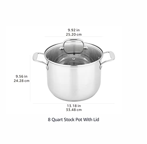 Amazon Basics Stainless Steel Induction Compatible Stock Pot with Glass Lid, Oven Safe, Dishwasher Safe, Sturdy, 8 Quart, Silver