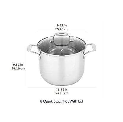 Amazon Basics Stainless Steel Induction Compatible Stock Pot with Glass Lid, Oven Safe, Dishwasher Safe, Sturdy, 8 Quart, Silver