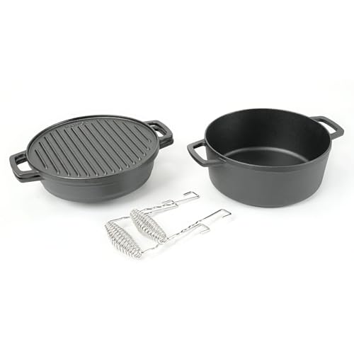 HAWOK 5 piece Stove Set, Pre-Seasoned Cast Iron Charcoal Grill Stove with 4QT Dutch Oven, with Multipurpose Lid, Five-Leg Buffet Tray, Multipurpose BBQ Stove Set