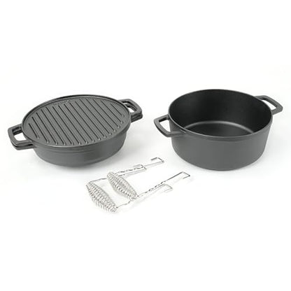 HAWOK 5 piece Stove Set, Pre-Seasoned Cast Iron Charcoal Grill Stove with 4QT Dutch Oven, with Multipurpose Lid, Five-Leg Buffet Tray, Multipurpose BBQ Stove Set