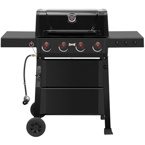 Feasto 4-Burner Gas BBQ Grill with Side Tables, 36,000 BTU Outdoor Propane Grill with Premium Enameled Coated Chamber Body & Porcelain-Enameled Stamped Grates for Deck Party & Patio BBQ, Black