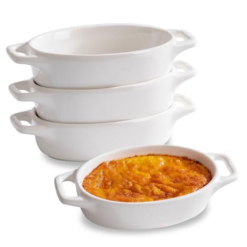 Zaposcca 4-Pack Oval Creme Brulee Ramekins, 4 oz Mini Porcelain Souffle Dish, Ramekins Oven Safe with Double Handles (White)
