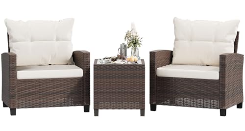 Shintenchi 3 Pieces Patio Furniture Set, PE Rattan Wicker 3 Pcs Patio Set, Outdoor Furniture Set with Two Outdoor Chairs and Table, Conversation Set for Garden, Poolside, Balcony, and Porch(Beige)