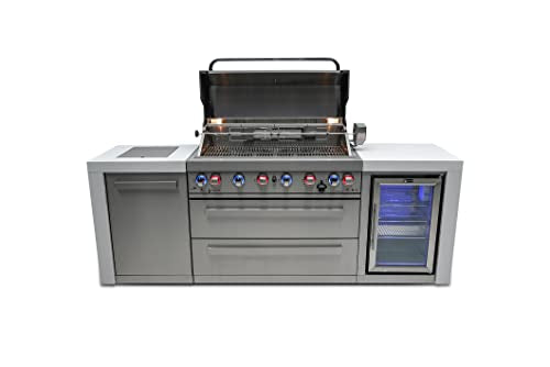 Mont Alpi Deluxe Series Stainless Steel 94"W x 23"D Modular Outdoor Kitchen Island + Side Burner + Refrigerator + 44"W 6-Burner BBQ Gas Grill + White Granite Countertops + Storage Cabinets & Drawers