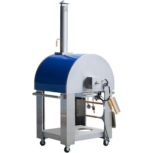 KOSTCH 32.5 inch Wood Fired and Propane Gas Pizza Oven for Outdoor Kitchen in Stainless Steel, Large Pizza Oven for Outside, Yard and Party (Blue with Cover)