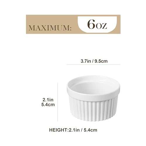 MALACASA Ramekins 6 oz Oven Safe, Porcelain Creme Brulee Ramekins Pudding Custard Cups Small Ceramic Souffle Dishes Ramakan Ramiken Ramicans Baking Bowls Set of 6, White, Series RAMEKIN-DISH