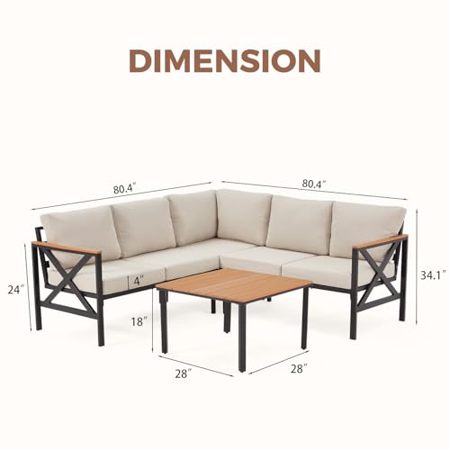 EROMMY 6 Pieces Patio Furniture Sets, Metal Outdoor Sectional Furniture L Shape Patio Conversation Sets with Fauxwood Coffee Table & 6.5" Olefin Cushions for Backyard, Garden, Poolside