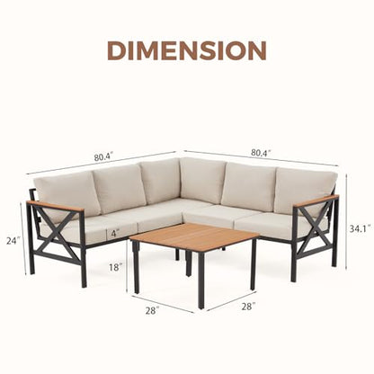 EROMMY 6 Pieces Patio Furniture Sets, Metal Outdoor Sectional Furniture L Shape Patio Conversation Sets with Fauxwood Coffee Table & 6.5" Olefin Cushions for Backyard, Garden, Poolside