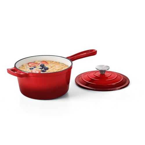 Homikit Small Sauce Pan with Lid, 2QT Enameled Cast Iron Saucepan, Enamel Cast Iron Sauce Cooking Pot Dutch Oven Kitchen Cookware for Making Pasta, Boiling Soup, Warming Milk, Red