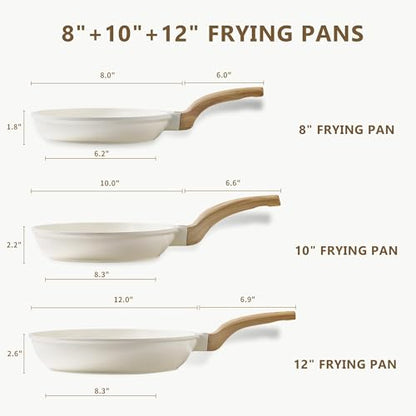 CAROTE Non Stick Frying Pan Skillet Set, Omelet Pan, Healthy Non Toxic Granite Chef Pan, Induction Compatible Egg Frying Pan with Heat-Resistant Handle, PFOA-Free,Cream White,8"+10"+12"